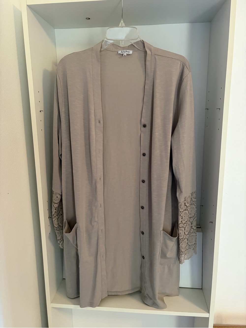 Joy Joy Taupe Lace-Sleeve Long Cardigan
